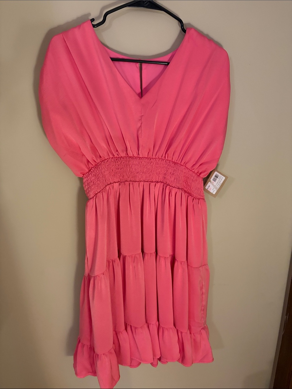 Women’s Pink Tiered V-Neck Dress with Smocked Waist